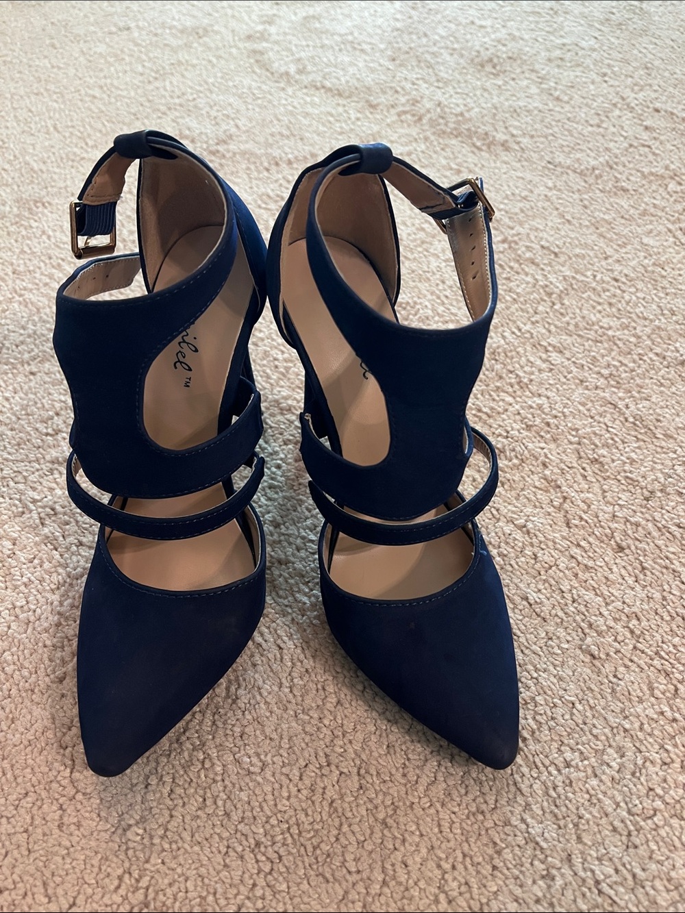 Bonnibel Navy Pointed-Toe Triple-Strap Heels
